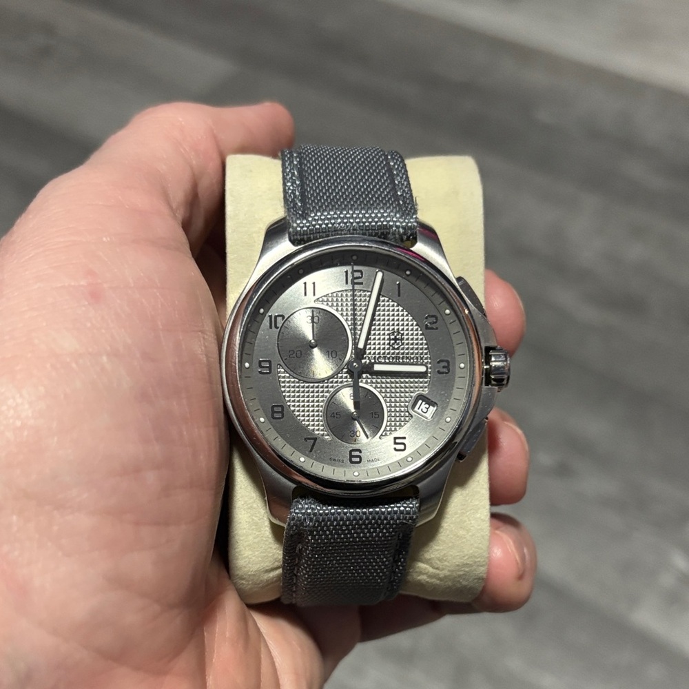 Silver Chronograph Watch with Gray Strap